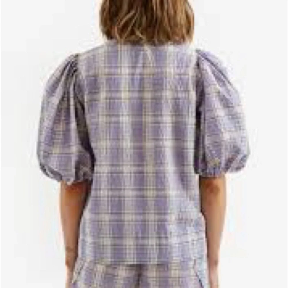 Ganni Check Seersucker Check V Neck Blouse in Persian Violet Check - Size Small - Picture 2 of 10